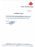 Voltamp Transformers Satisfactory Performance Certificate
